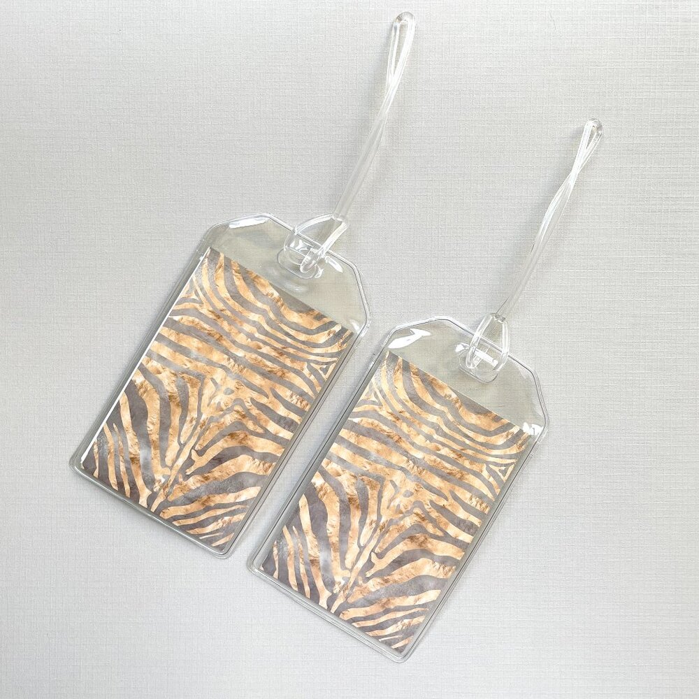 Zebra Luggage Tags, Set of TWO, Gray and Gold